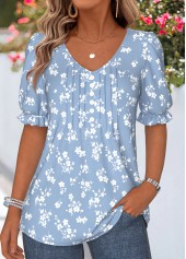 Ditsy Floral Print Curved Hem Light Blue T Shirt
