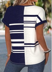 Geometric Print Tummy Coverage Navy Short Sleeve Blouse