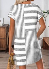 Striped Patchwork Grey Short V Neck Dress