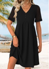 Shirred Black Short V Neck Dress