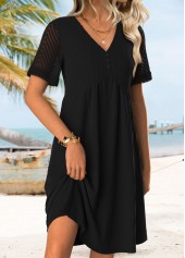 Shirred Black Short V Neck Dress