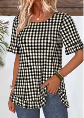 Plaid Frill Black Short Sleeve Round Neck T Shirt