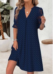 Shirred Navy Short Half Sleeve Split Neck Dress