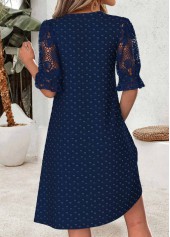 Shirred Navy Short Half Sleeve Split Neck Dress