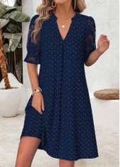 Shirred Navy Short Half Sleeve Split Neck Dress