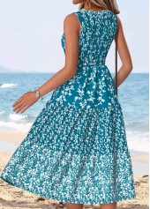Ditsy Floral Print Tummy Coverage Peacock Blue Sleeveless Dress