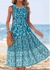 Ditsy Floral Print Tummy Coverage Peacock Blue Sleeveless Dress