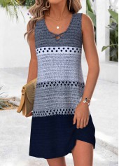 Multi Stripe Print Tummy Coverage Blue Short Sleeveless Dress