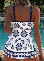 Random Floral Print Layered Navy One Piece Swimdress