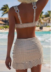 Mid Waisted Plaid Three-piece Dark Coffee Bikini Set