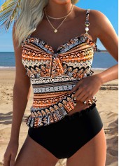 Mid Waisted Tribal Print Frill Orange Tankini Set