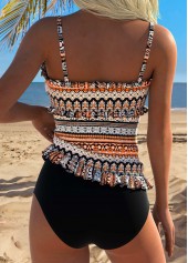 Mid Waisted Tribal Print Frill Orange Tankini Set