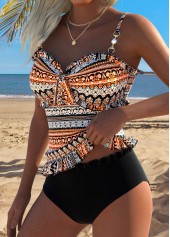Mid Waisted Tribal Print Frill Orange Tankini Set
