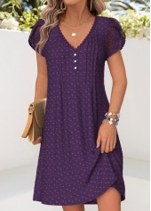 Tuck Stitch Purple Short V Neck Dress