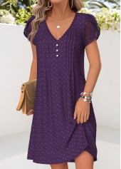 Tuck Stitch Purple Short V Neck Dress