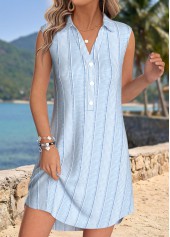 Tummy Coverage Light Blue Short Sleeveless Shirt Collar Dress