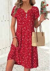 Ditsy Floral Print Tuck Stitch Red Short Dress