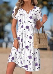 Floral Print Tuck Stitch White Short Split Neck Dress