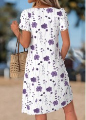 Floral Print Tuck Stitch White Short Split Neck Dress