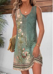 Floral Print Tummy Coverage Sage Green Short Sleeveless Dress