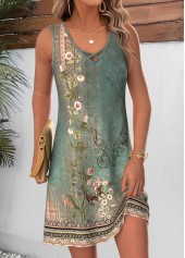 Floral Print Tummy Coverage Sage Green Short Sleeveless Dress
