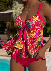 Mid Waisted Floral Print Tie Coral Tankini Set