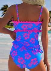 Mid Waisted Floral Print Frill Royal Blue Tankini Set