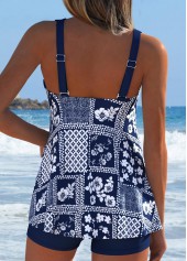Mid Waisted Random Floral Print Lace Up Tankini Set