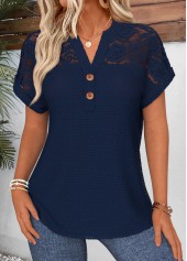 Tummy Coverage Navy Short Sleeve Split Neck Blouse