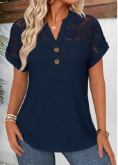 Tummy Coverage Navy Short Sleeve Split Neck Blouse