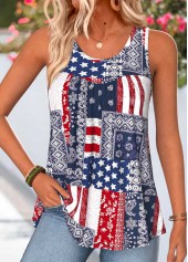 American Flag Tribal Print Curved Hem Navy Tank Top