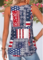 American Flag Tribal Print Curved Hem Navy Tank Top
