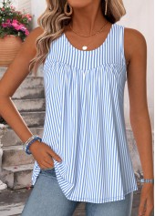 Striped Curved Hem Blue Sleeveless Scoop Neck Tank Top