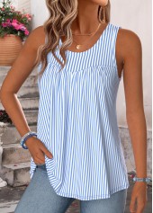 Striped Curved Hem Blue Sleeveless Scoop Neck Tank Top