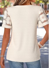 Patchwork Beige Short Sleeve Split Neck Blouse