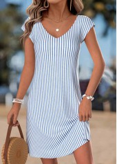 Striped Bowknot Dusty Blue Short V Neck Dress