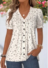 Geometric Print Frill Beige Short Sleeve T Shirt