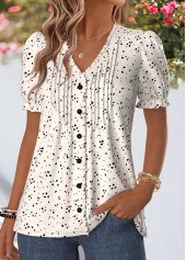 Geometric Print Frill Beige Short Sleeve T Shirt