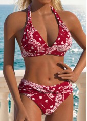 Mid Waisted Tribal Print Patchwork Wine Red Bikini Set