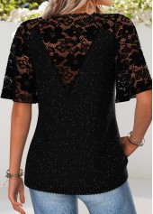 Curved Hem Black Half Sleeve V Neck T Shirt