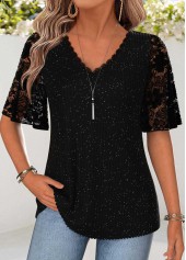 Curved Hem Black Half Sleeve V Neck T Shirt