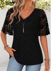 Curved Hem Black Half Sleeve V Neck T Shirt