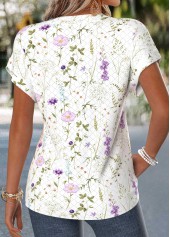 Floral Print Curved Hem Raw White Short Sleeve Blouse