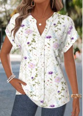 Floral Print Curved Hem Raw White Short Sleeve Blouse