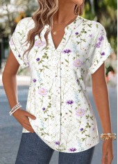 Floral Print Curved Hem Raw White Short Sleeve Blouse