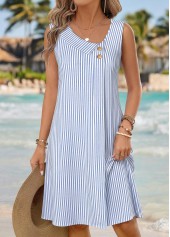 Striped Asymmetry Blue Sleeveless Asymmetrical Neck Dress