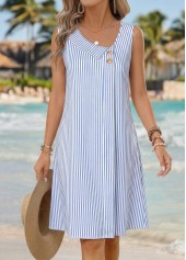 Striped Asymmetry Blue Sleeveless Asymmetrical Neck Dress
