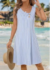 Striped Asymmetry Blue Sleeveless Asymmetrical Neck Dress