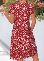 Ditsy Floral Print Tuck Stitch Red Short Dress