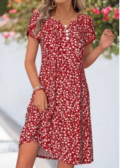 Ditsy Floral Print Tuck Stitch Red Short Dress